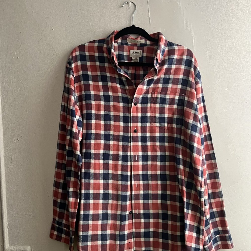 L.L. Bean Slightly Fitted Scotch Plaid Red and Blue Flannel